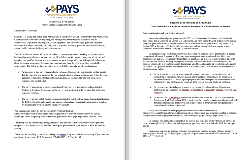 PAYS Parent Letters
