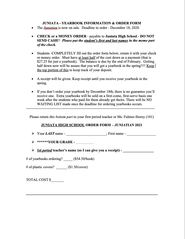 Yearbook Order Form for GRADES 6-11